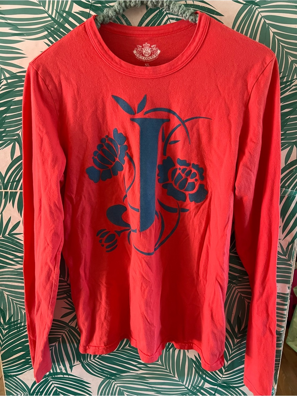 Juicy Couture Red Long Sleeve Tee w/ Navy Floral Initial vintage Y2K
